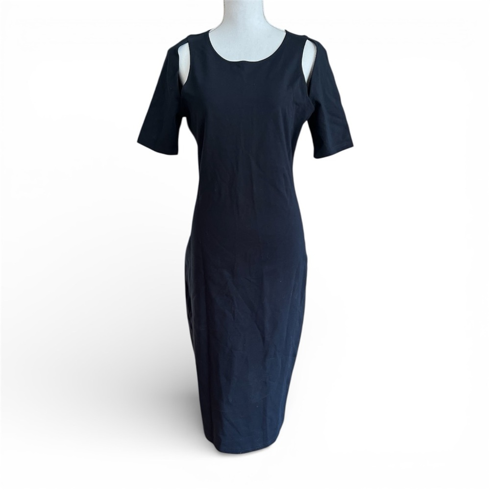 🌟Fabletics Elegant Black Cut-Out Cold Shoulder Sheath Midi Dress